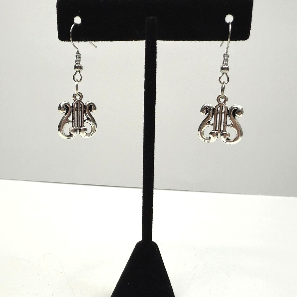 Silver Lyre Dangle Drop Earrings Music Harp Instrument Silver Tone Jewelry 1.5in